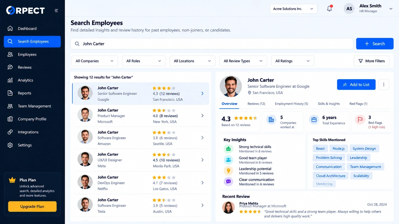 Employee search interface in ORPECT. Employee search with filters, profile details, reviews, and skills insights.