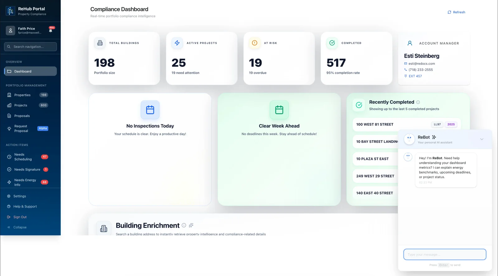 Compliance dashboard with portfolio status and the integrated ReBot assistant.