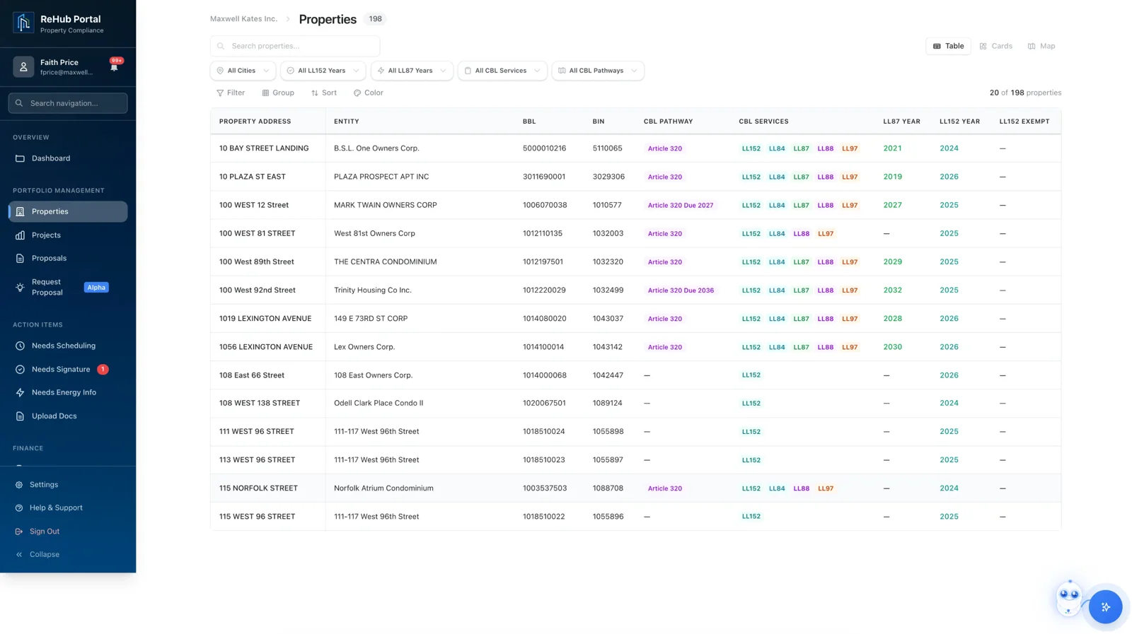 Property portfolio table with compliance categories, filters, and alternative views.